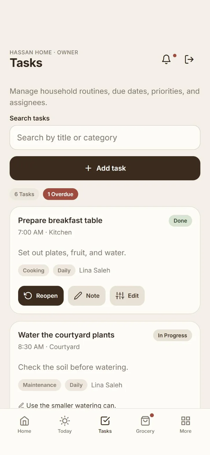 Tasks screen with daily routines, times, categories, assignees and an overdue count